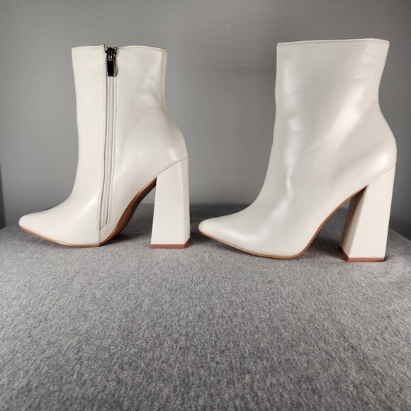 Boohoo Ivory Leather Bootie Block Heel Pointed Toe Size 8 - Picture 4 of 10